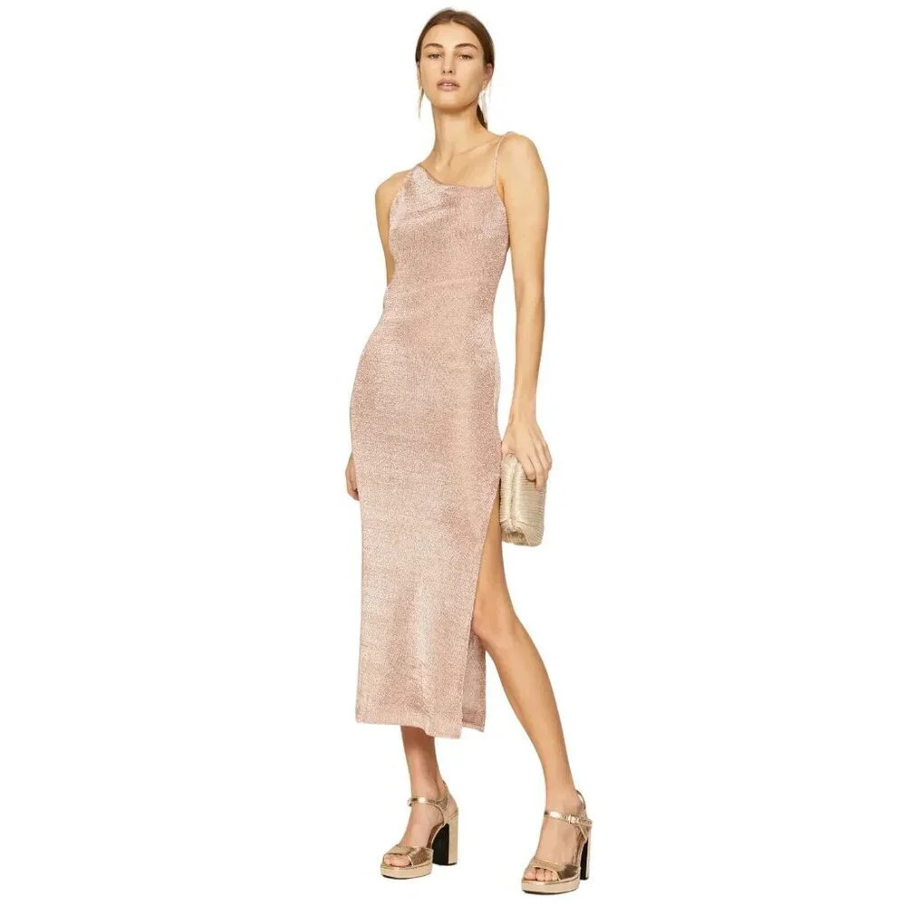 Third Form Heavy Metal Knit Slip Dress in Rose Gold 2 Womens Midi Semi Sheer